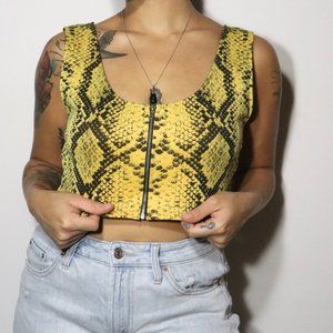 Charlotte Russe Snakeskin Zip-Up Yellow Tank Crop Top Women's Size Large